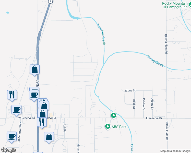 map of restaurants, bars, coffee shops, grocery stores, and more near 1124 Clark Fork Drive in Kalispell