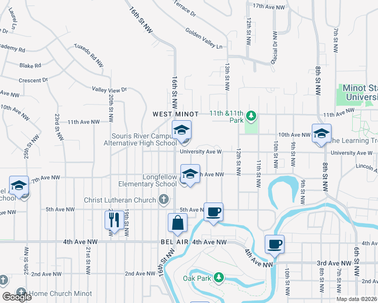map of restaurants, bars, coffee shops, grocery stores, and more near 1510 University Avenue West in Minot