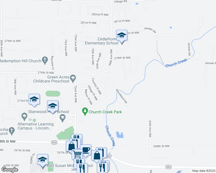 map of restaurants, bars, coffee shops, grocery stores, and more near 6812 Church Creek Court Northwest in Stanwood