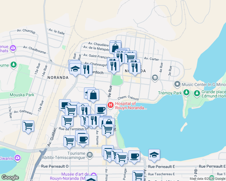 map of restaurants, bars, coffee shops, grocery stores, and more near 18 9e Rue in Rouyn-Noranda