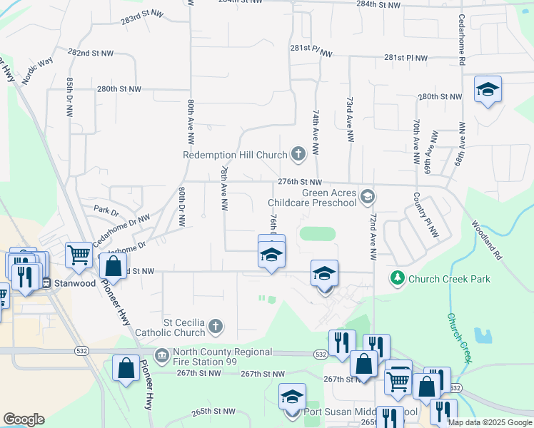 map of restaurants, bars, coffee shops, grocery stores, and more near 27506 76th Drive Northwest in Stanwood