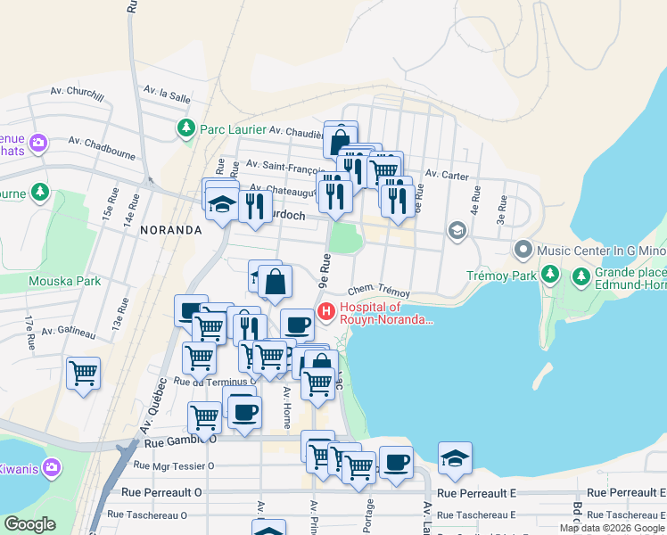 map of restaurants, bars, coffee shops, grocery stores, and more near 18 9e Rue in Rouyn-Noranda