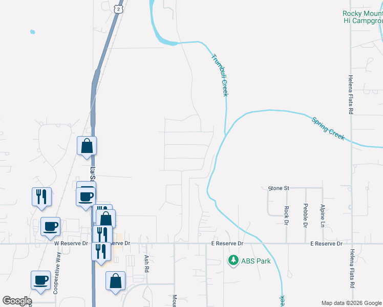 map of restaurants, bars, coffee shops, grocery stores, and more near 739 Mountain View Drive in Kalispell