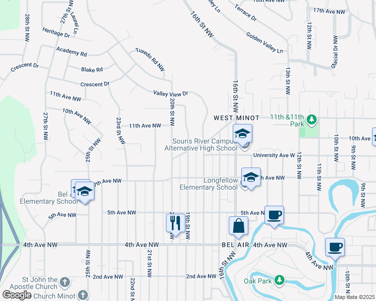 map of restaurants, bars, coffee shops, grocery stores, and more near 901 Harrison Drive Northwest in Minot