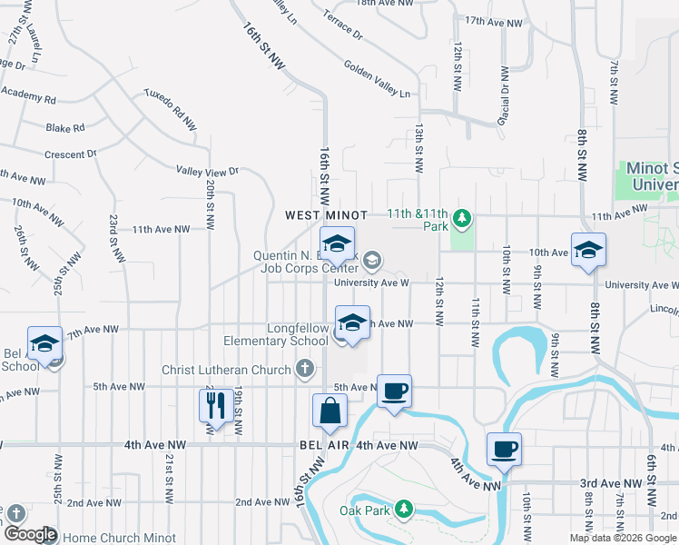 map of restaurants, bars, coffee shops, grocery stores, and more near 900-1098 16th St NW in Minot