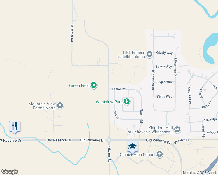 map of restaurants, bars, coffee shops, grocery stores, and more near Stillwater Road in Kalispell