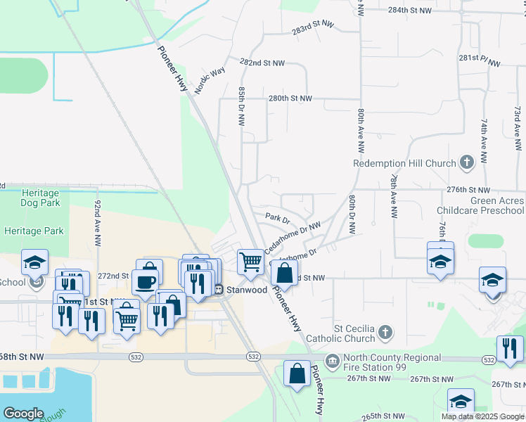 map of restaurants, bars, coffee shops, grocery stores, and more near 8327 Henning Drive in Stanwood