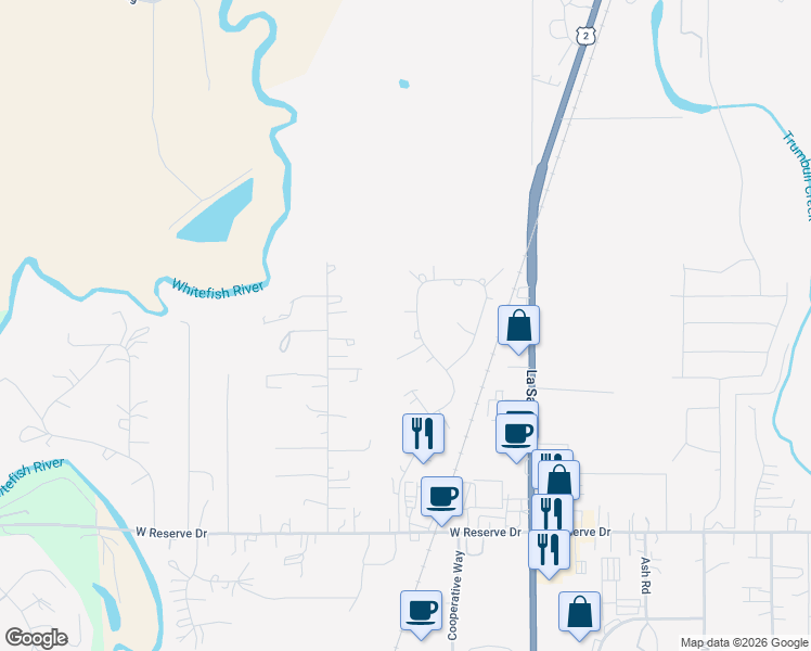 map of restaurants, bars, coffee shops, grocery stores, and more near 680 Shadow Lane in Kalispell