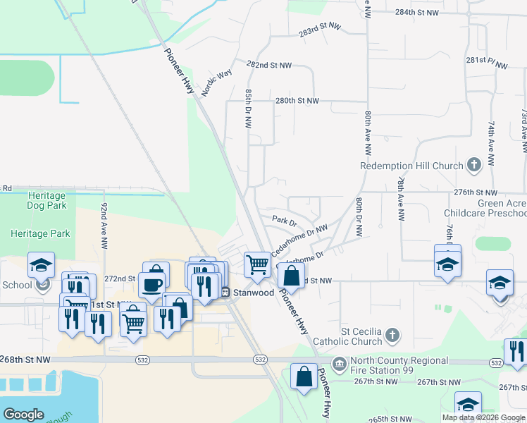 map of restaurants, bars, coffee shops, grocery stores, and more near 8330 Hennings Drive in Stanwood