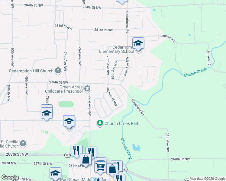 map of restaurants, bars, coffee shops, grocery stores, and more near 27420 Church Creek Loop Northwest in Stanwood