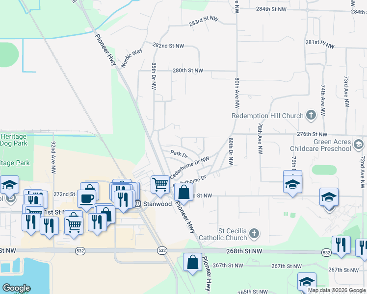 map of restaurants, bars, coffee shops, grocery stores, and more near 8216 Henning Drive in Stanwood