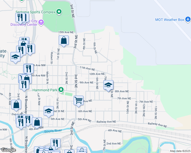 map of restaurants, bars, coffee shops, grocery stores, and more near 911 6th Street Northeast in Minot