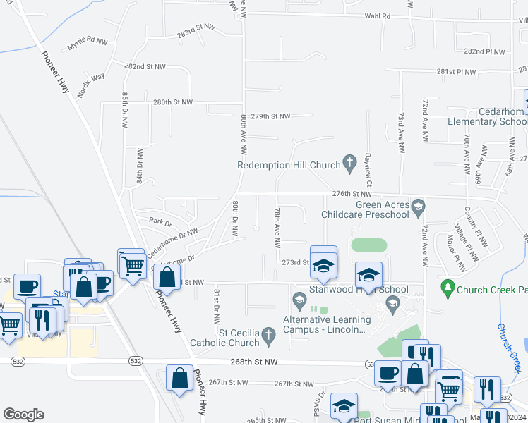 map of restaurants, bars, coffee shops, grocery stores, and more near 27565 79th Drive Northwest in Stanwood