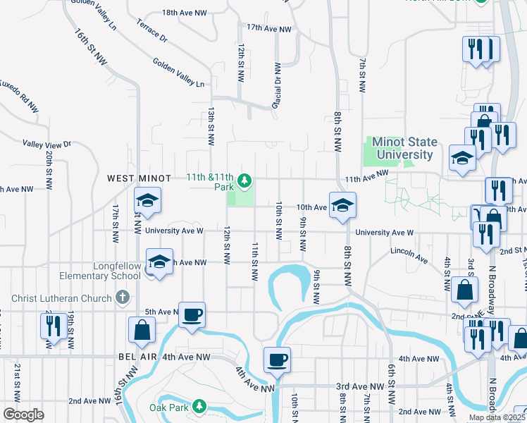 map of restaurants, bars, coffee shops, grocery stores, and more near 1017 10th Avenue Northwest in Minot