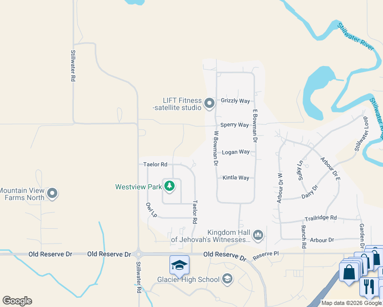 map of restaurants, bars, coffee shops, grocery stores, and more near 146 Taelor Road in Kalispell