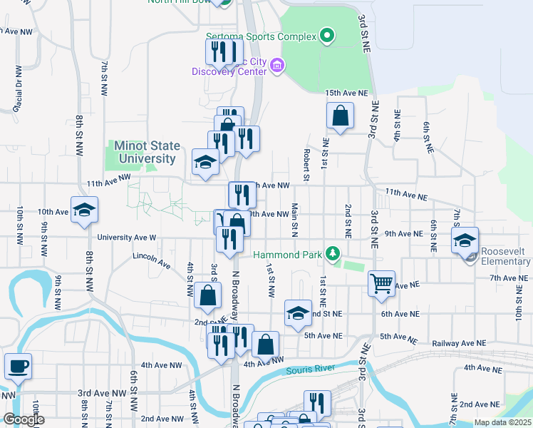 map of restaurants, bars, coffee shops, grocery stores, and more near 99 10th Avenue Northwest in Minot