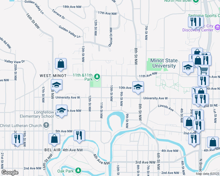 map of restaurants, bars, coffee shops, grocery stores, and more near 1017 10th Avenue Northwest in Minot