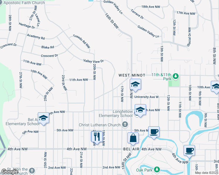 map of restaurants, bars, coffee shops, grocery stores, and more near 1800 Northwest Avenue Northwest in Minot