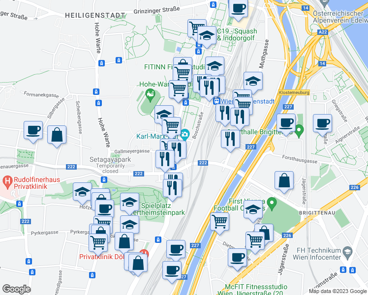 map of restaurants, bars, coffee shops, grocery stores, and more near 82 Heiligenstädter Straße in Wien