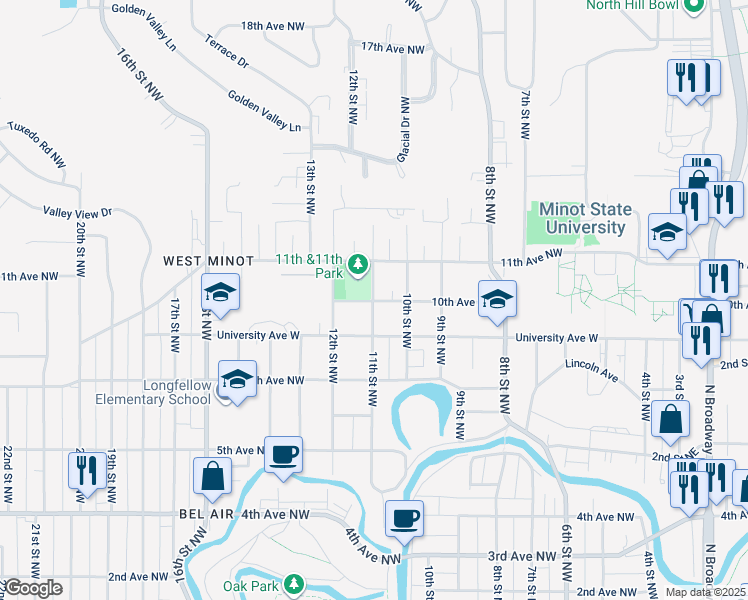 map of restaurants, bars, coffee shops, grocery stores, and more near 1017 10th Avenue Northwest in Minot