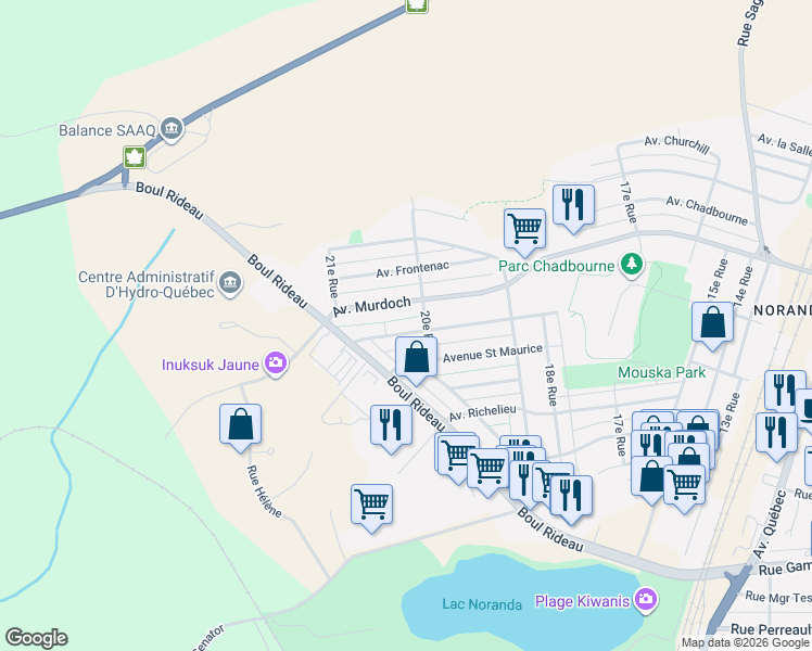 map of restaurants, bars, coffee shops, grocery stores, and more near 209 Avenue Champlain in Rouyn-Noranda