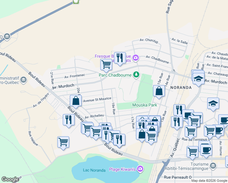 map of restaurants, bars, coffee shops, grocery stores, and more near 166 18e Rue in Rouyn-Noranda