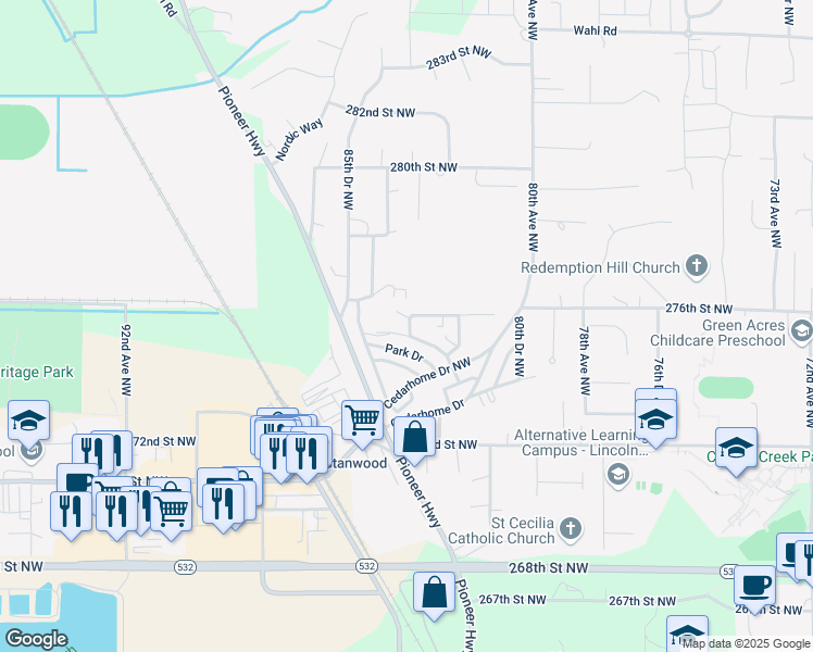 map of restaurants, bars, coffee shops, grocery stores, and more near 8327 Henning Drive in Stanwood