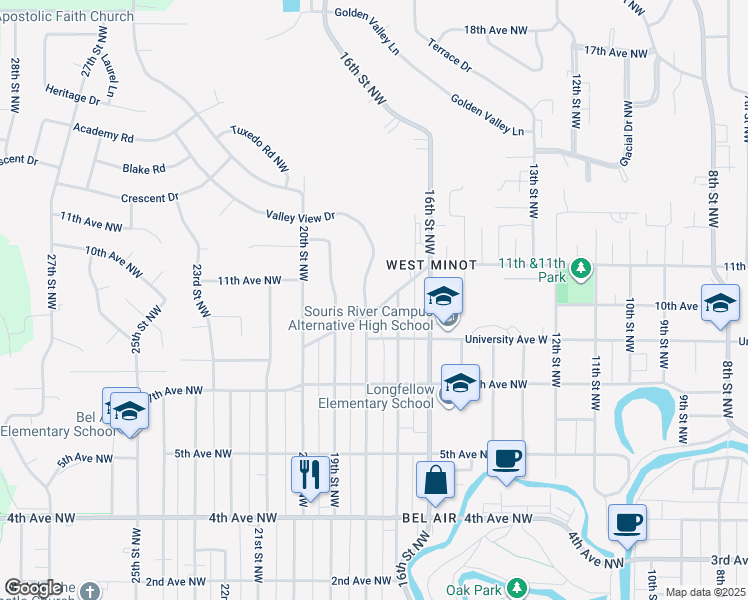 map of restaurants, bars, coffee shops, grocery stores, and more near 1800 Northwest Avenue Northwest in Minot
