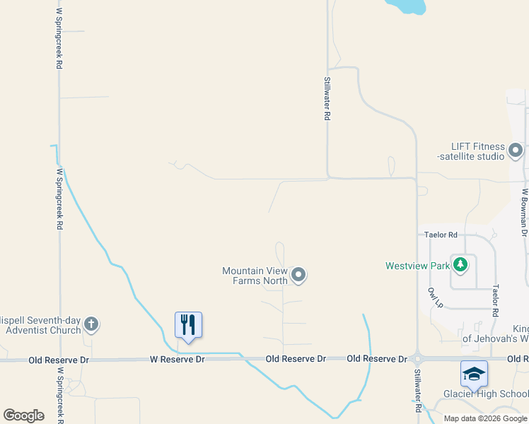 map of restaurants, bars, coffee shops, grocery stores, and more near 1078 Stillwater Road in Kalispell