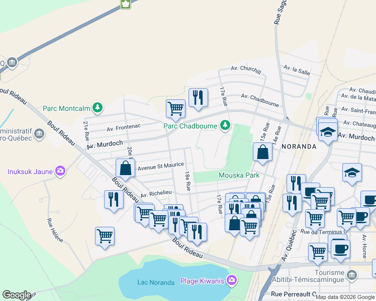 map of restaurants, bars, coffee shops, grocery stores, and more near 170 18e Rue in Rouyn-Noranda