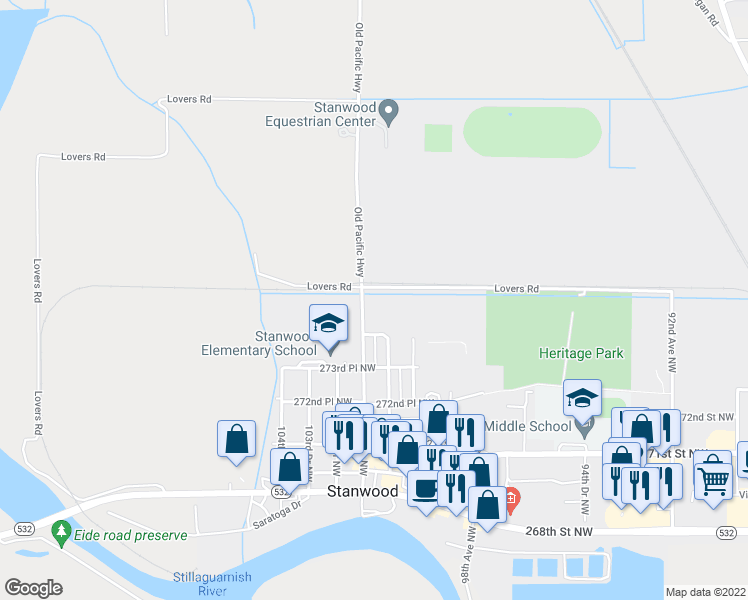 map of restaurants, bars, coffee shops, grocery stores, and more near 27523 102nd Avenue Northwest in Stanwood