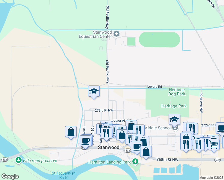 map of restaurants, bars, coffee shops, grocery stores, and more near 27501 102nd Avenue Northwest in Stanwood