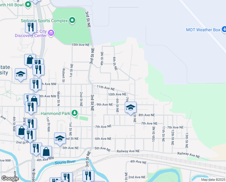 map of restaurants, bars, coffee shops, grocery stores, and more near 911 6th Street Northeast in Minot