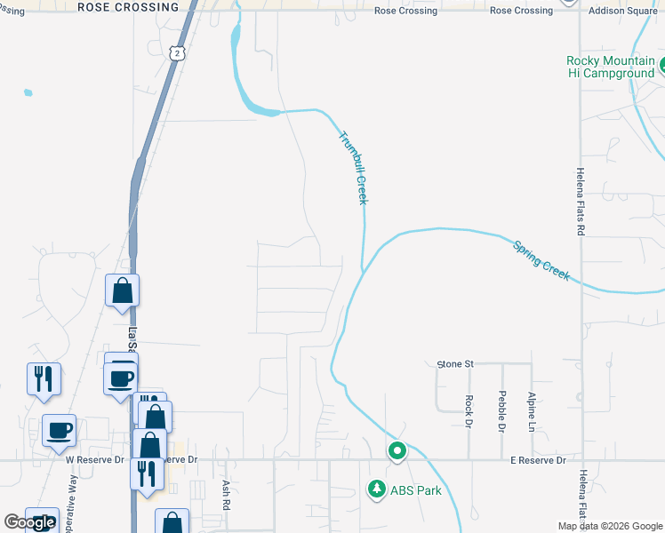 map of restaurants, bars, coffee shops, grocery stores, and more near 1124 Clark Fork Drive in Kalispell