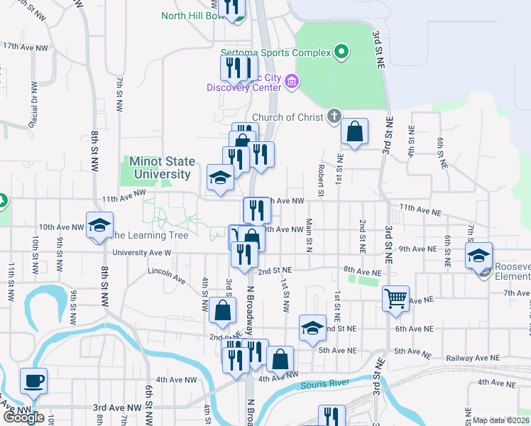 map of restaurants, bars, coffee shops, grocery stores, and more near 921 1st Street Northwest in Minot