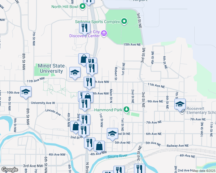 map of restaurants, bars, coffee shops, grocery stores, and more near 49-99 10th Avenue Northwest in Minot