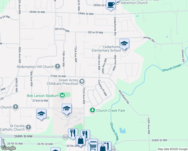 map of restaurants, bars, coffee shops, grocery stores, and more near 7003 277th Street Northwest in Stanwood