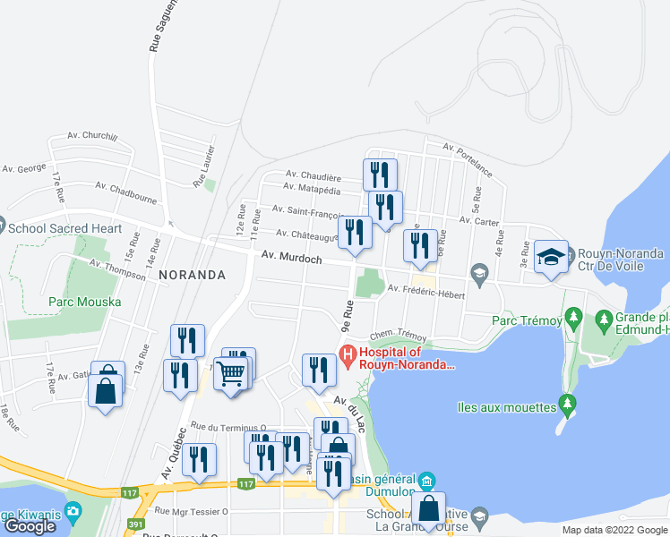 map of restaurants, bars, coffee shops, grocery stores, and more near 238 Avenue Murdoch in Rouyn-Noranda
