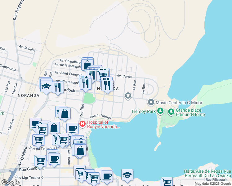 map of restaurants, bars, coffee shops, grocery stores, and more near 99 Avenue Murdoch in Rouyn-Noranda