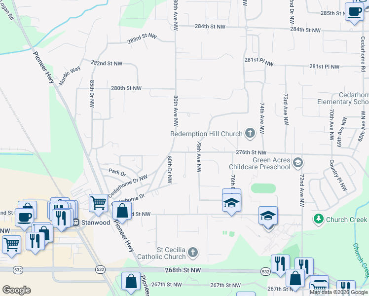 map of restaurants, bars, coffee shops, grocery stores, and more near 7917 276th Street Northwest in Stanwood