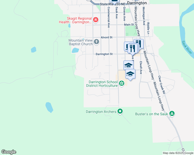 map of restaurants, bars, coffee shops, grocery stores, and more near 535 Commercial Avenue in Darrington