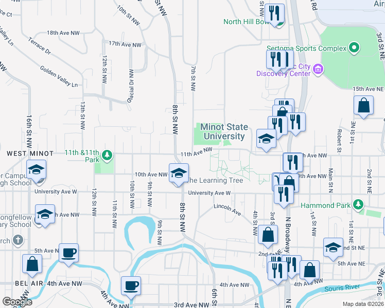 map of restaurants, bars, coffee shops, grocery stores, and more near 1101 7th Street Northwest in Minot