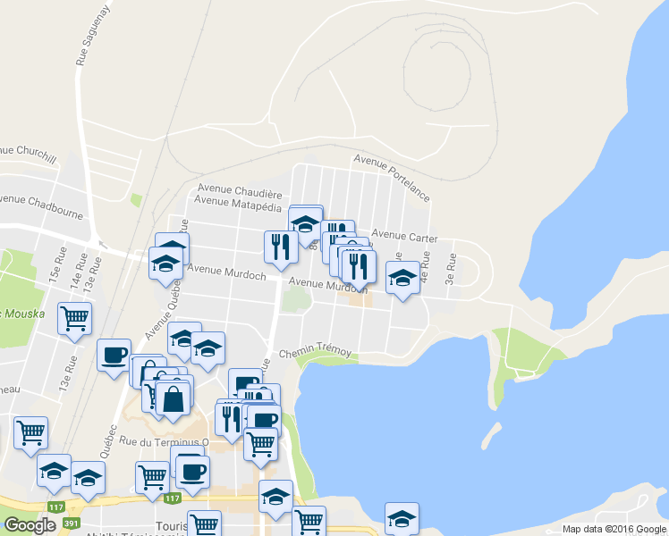 map of restaurants, bars, coffee shops, grocery stores, and more near 109 7e Rue in Rouyn-Noranda