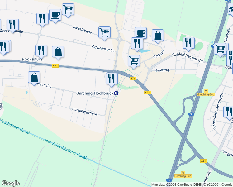 map of restaurants, bars, coffee shops, grocery stores, and more near in Garching bei München