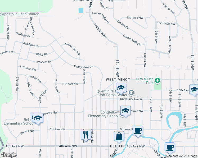 map of restaurants, bars, coffee shops, grocery stores, and more near 1101 Valley View Drive in Minot