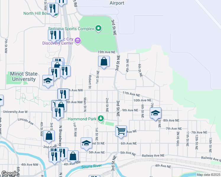 map of restaurants, bars, coffee shops, grocery stores, and more near 203 11th Avenue Northeast in Minot