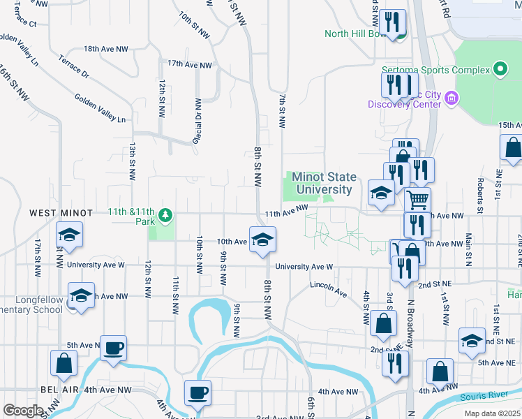 map of restaurants, bars, coffee shops, grocery stores, and more near 718 11th Avenue Northwest in Minot