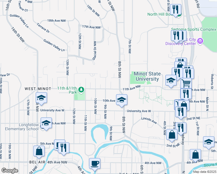 map of restaurants, bars, coffee shops, grocery stores, and more near 848 11th Avenue Northwest in Minot