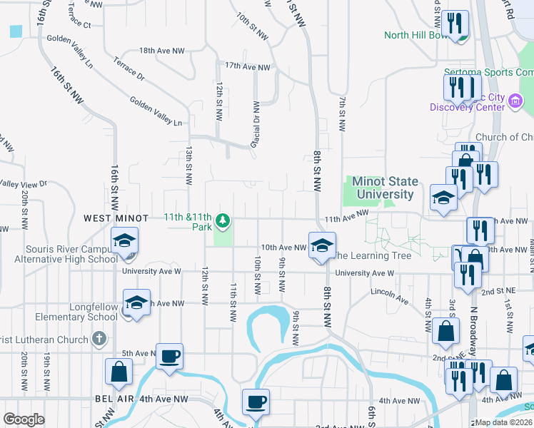 map of restaurants, bars, coffee shops, grocery stores, and more near 914 11th Avenue Northwest in Minot