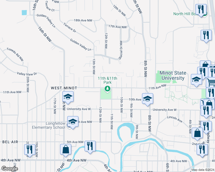 map of restaurants, bars, coffee shops, grocery stores, and more near 1108 11th Avenue Northwest in Minot